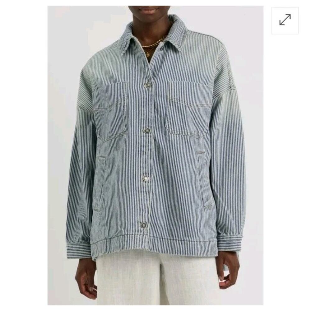 Free People We The Free Jacket XL Madison City Striped Blue Denim Work Utility